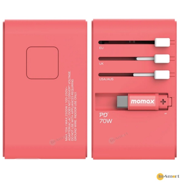 MOMAX – 1-World+ 70W GaN 3插口及內置伸縮USB-C充電線手提電腦充電旅行插座 - 紅色 UA18UK - Image 4