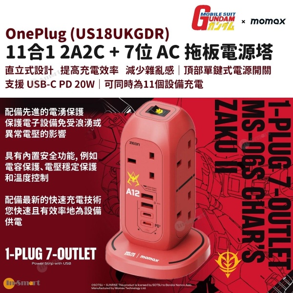 MOMAX – OnePlug PD20W 2xUSB-C + 2xUSB-A 7位拖板 高達 Gundam 馬沙 限量版