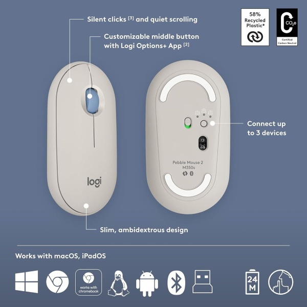 Logitech – Logitech PEBBLE 2 COMBO 藍牙鍵盤滑鼠套裝 - 迷霧灰 920-012191｜最多連線到三個裝置｜10個自定義快捷鍵 (M350s + K380s) - Image 4