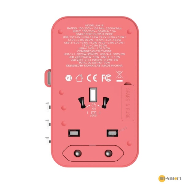 MOMAX – 1-World+ 70W GaN 3插口及內置伸縮USB-C充電線手提電腦充電旅行插座 - 紅色 UA18UK - Image 5