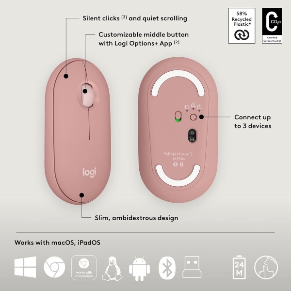 Logitech – Logitech PEBBLE 2 COMBO 藍牙鍵盤滑鼠套裝 - 玫瑰粉 920-012189｜最多連線到三個裝置｜10個自定義快捷鍵 (M350s + K380s) - Image 4