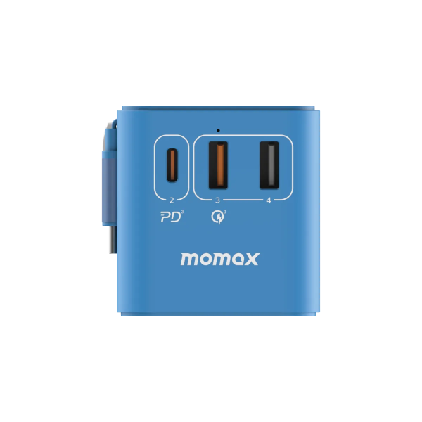 MOMAX – 1-World+ 70W GaN 3插口及內置伸縮USB-C充電線旅行插座 - 藍色 - UA18UKB - Image 6