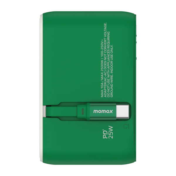 MOMAX – 1-World+ 25W 3-插口 內建 USB-C 充電線 + AC 旅行充電插座 - UA20UKG - 綠色 - Image 5