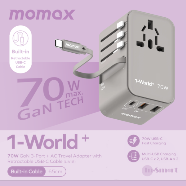 MOMAX – 1-World+ 70W GaN 3插口及內置伸縮USB-C充電線旅行插座 - 灰色 - UA18UKE