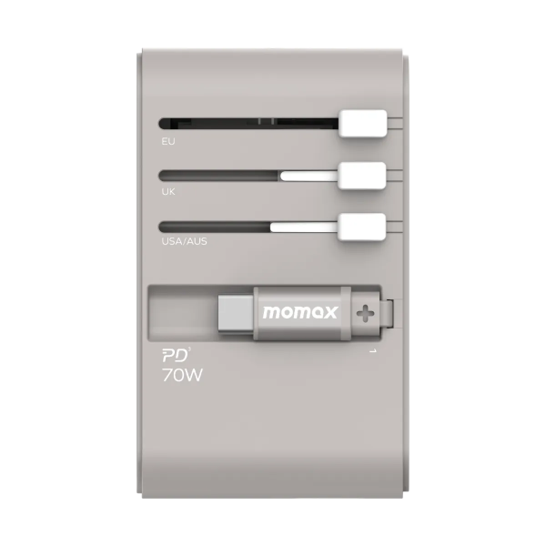 MOMAX – 1-World+ 70W GaN 3插口及內置伸縮USB-C充電線旅行插座 - 灰色 - UA18UKE - Image 5