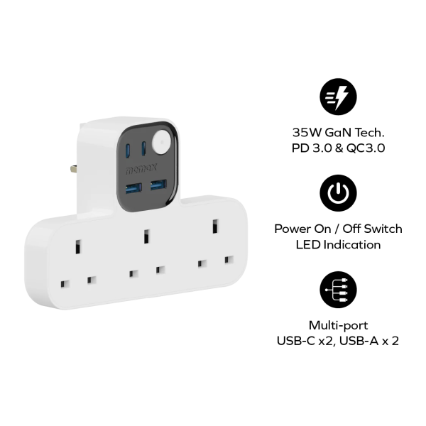 MOMAX – 1-Charge Work Flow USB + 3口T型插座 - US19UKW - Image 3