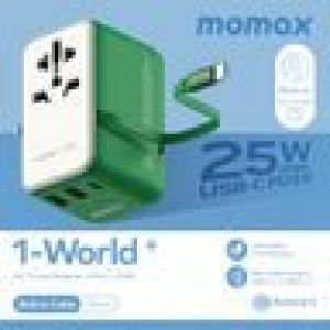 MOMAX – 1-World+ 25W 3-插口 內建 USB-C 充電線 + AC 旅行充電插座 - UA20UKG - 綠色