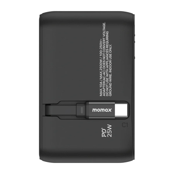 MOMAX – 1-World+ 25W 3-插口 內建 USB-C 充電線 + AC 旅行充電插座 - UA20UKD - 黑色 - Image 5