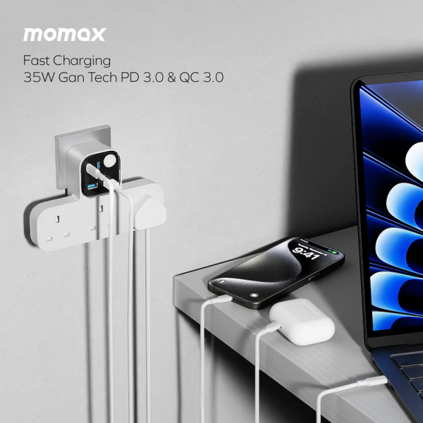 MOMAX – 1-Charge Work Flow USB + 3口T型插座 - US19UKW - Image 6