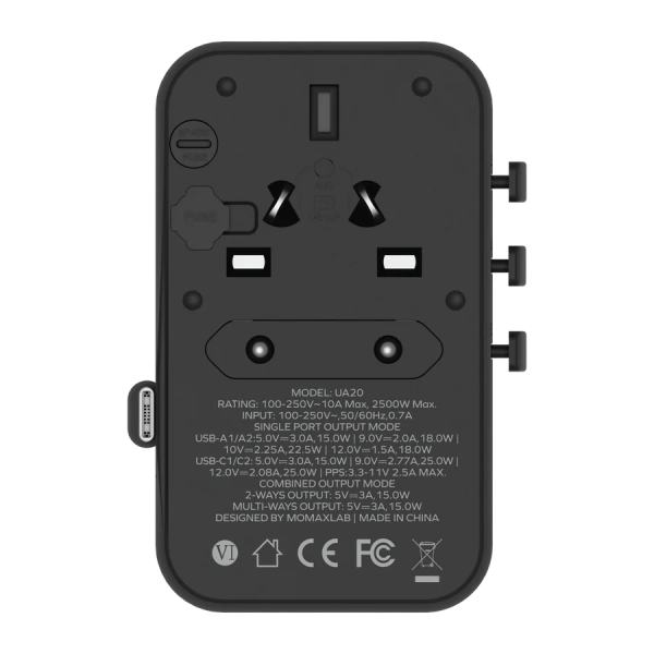 MOMAX – 1-World+ 25W 3-插口 內建 USB-C 充電線 + AC 旅行充電插座 - UA20UKD - 黑色 - Image 6