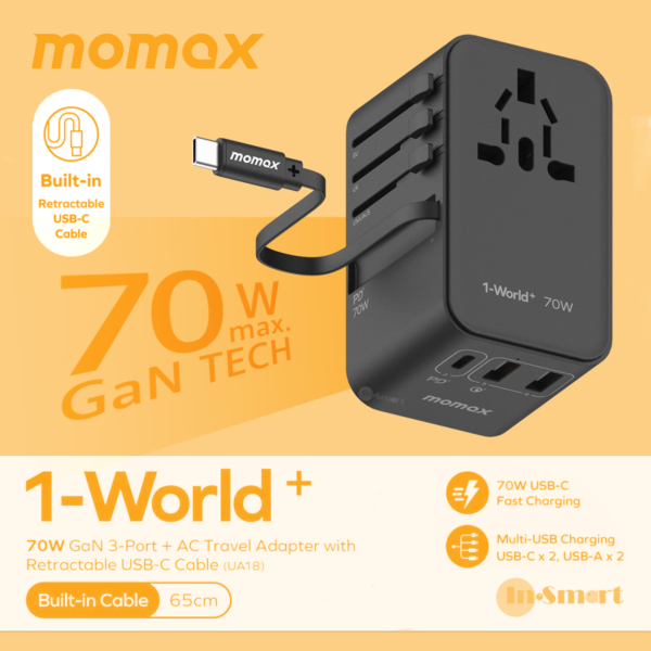 MOMAX – 1-World+ 70W GaN 3插口及內置伸縮USB-C充電線旅行插座 - 黑色 - UA18UKD