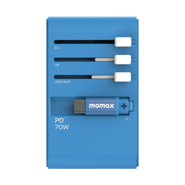 MOMAX – 1-World+ 70W GaN 3插口及內置伸縮USB-C充電線旅行插座 - 藍色 - UA18UKB - Image 5