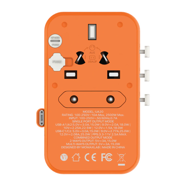 MOMAX – 1-World+ 25W 3-插口 內建 USB-C 充電線 + AC 旅行充電插座 - UA20UKM - 橙色 - Image 6