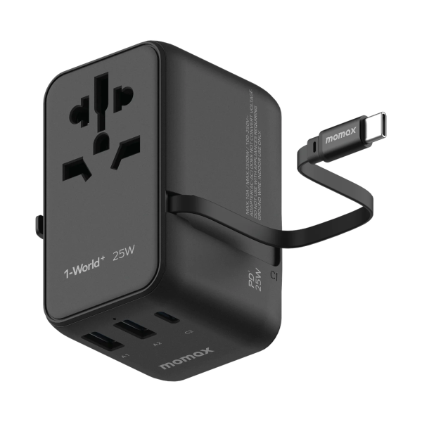 MOMAX – 1-World+ 25W 3-插口 內建 USB-C 充電線 + AC 旅行充電插座 - UA20UKD - 黑色 - Image 2