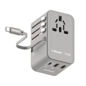 MOMAX 1-World 70W GaN 3插口及內置伸縮USB-C充電線旅行插座 8211 灰色 8211 UA18UKE