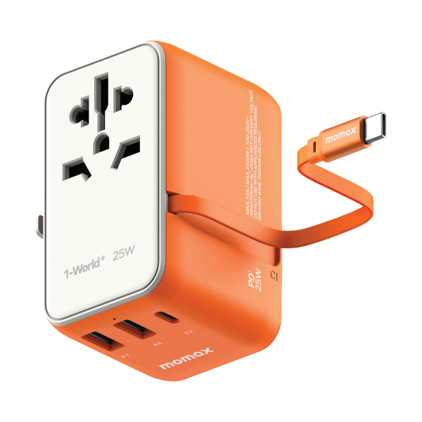 MOMAX – 1-World+ 25W 3-插口 內建 USB-C 充電線 + AC 旅行充電插座 - UA20UKM - 橙色 - Image 2