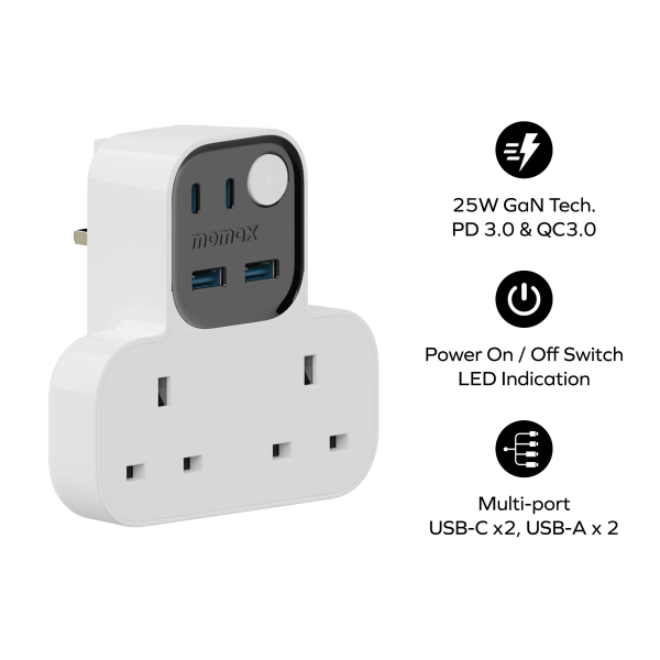 MOMAX – 1-Charge Work Flow USB + 2口T型插座 - US17UKW - Image 3