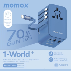 MOMAX  1-World 70W GaN 3插口及內置伸縮USB-C充電線旅行插座 8211 藍色 8211 UA18UKB