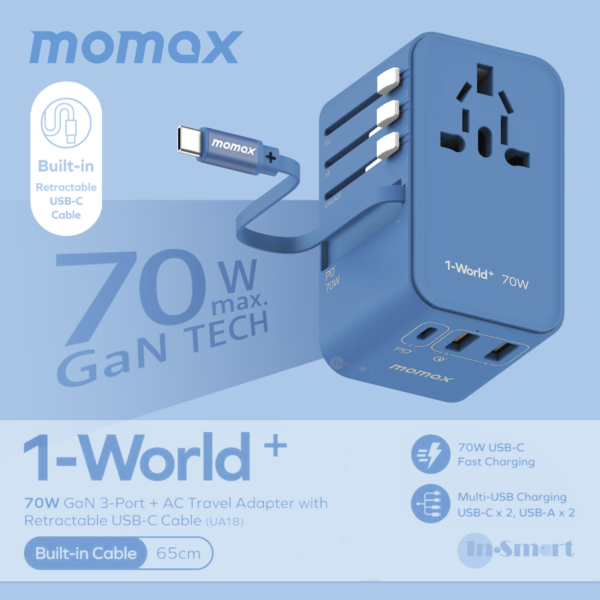 MOMAX – 1-World+ 70W GaN 3插口及內置伸縮USB-C充電線旅行插座 - 藍色 - UA18UKB