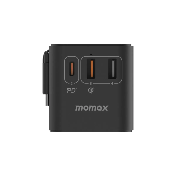 MOMAX – 1-World+ 70W GaN 3插口及內置伸縮USB-C充電線旅行插座 - 黑色 - UA18UKD - Image 6