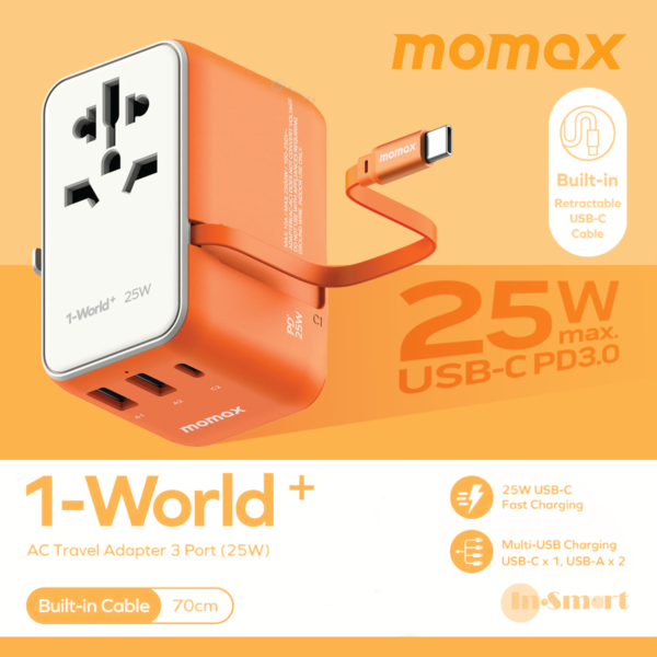 MOMAX – 1-World+ 25W 3-插口 內建 USB-C 充電線 + AC 旅行充電插座 - UA20UKM - 橙色