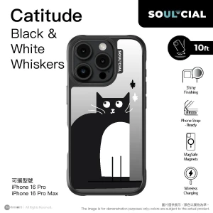PhoneSuit SOUL-CIAL Catitude Black 038 White Whiskers Mirror 保護殼 8211 Magsafe 8211 Black 8211 For iPhone 16 Pro