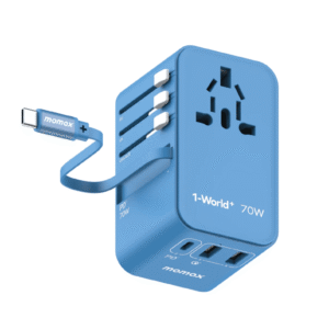 MOMAX  1-World 70W GaN 3插口及內置伸縮USB-C充電線旅行插座 8211 藍色 8211 UA18UKB