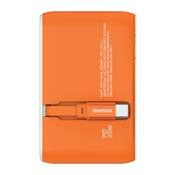 MOMAX – 1-World+ 25W 3-插口 內建 USB-C 充電線 + AC 旅行充電插座 - UA20UKM - 橙色 - Image 5