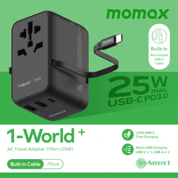 MOMAX – 1-World+ 25W 3-插口 內建 USB-C 充電線 + AC 旅行充電插座 - UA20UKD - 黑色