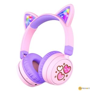 iClever RGB 貓耳有線無線藍牙兒童耳機帶咪 音量限制85dB 舒適輕巧 適用於電腦平板手機 網堂 粉紅紫色 BTH21