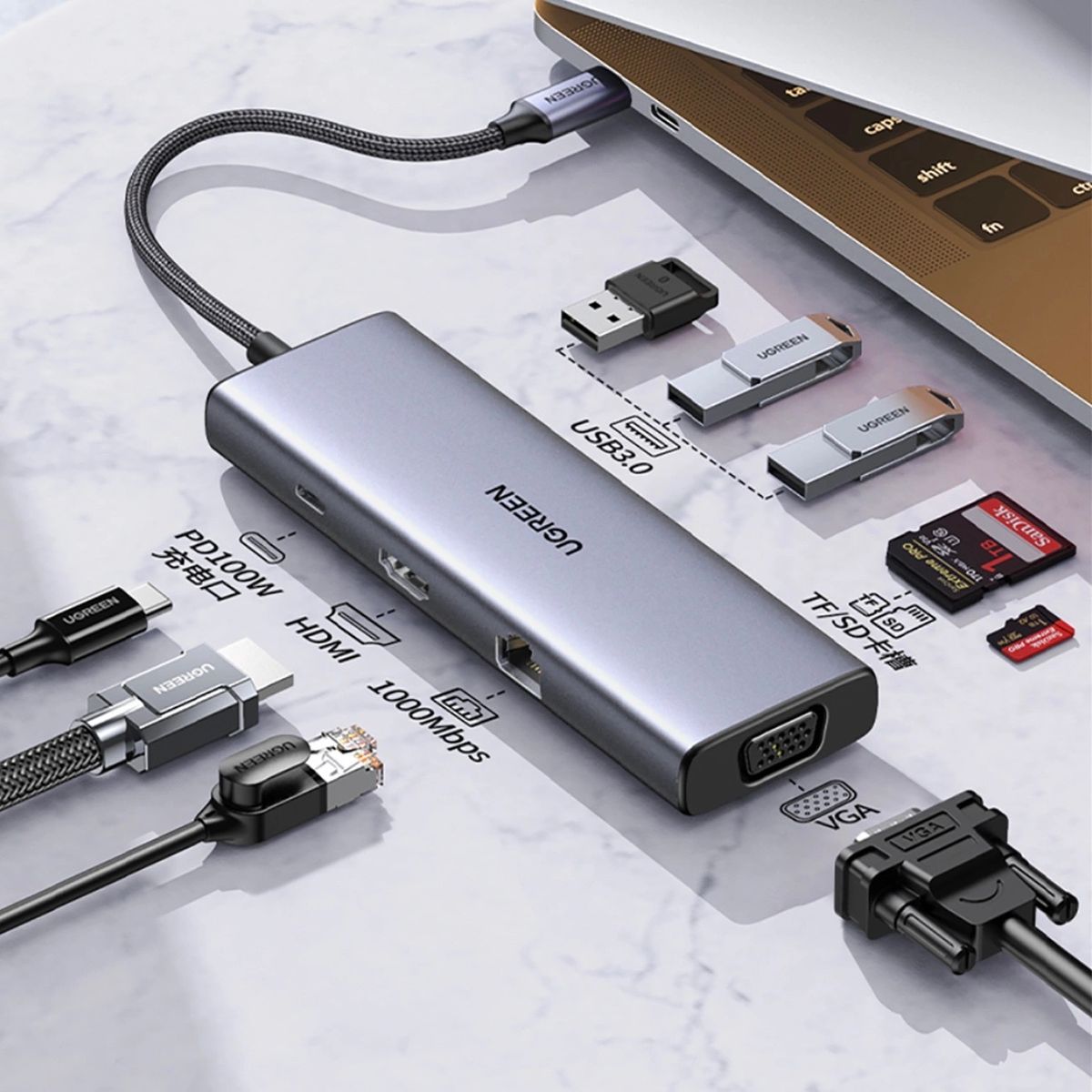 UGREEN 8211 9合1 Type-C 多功能集線器 PD 100W  4K 30Hz  VGA 1080p  LAN  SD  USB-A  CM498 15600