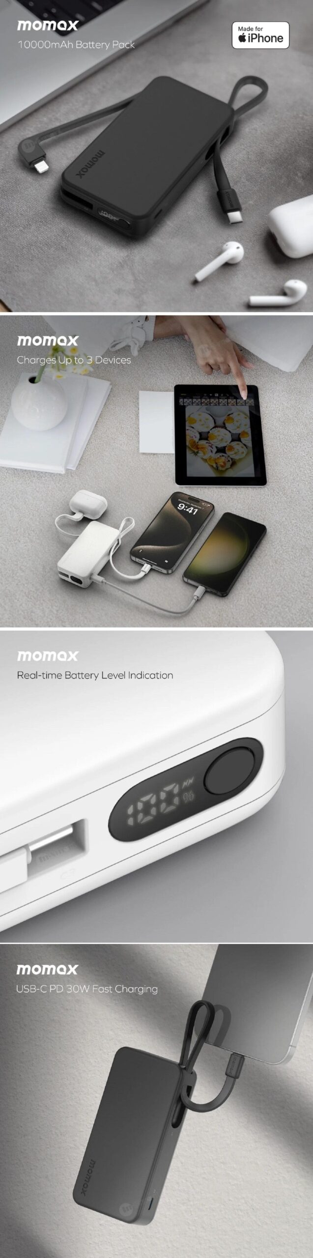 MOMAX 8211 3C 認證1-Power Vital 10000mAh 內建 USB-C 和 MFI Lightning 線 流動電源 CCC PD 30W QC30 SCP 電量顯示 高品質電芯 控溫技術