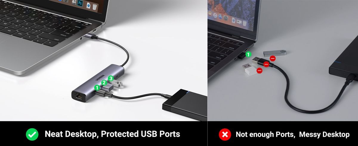 UGREEN 8211 以太網適配器5合1 USB 集線器帶以太網即插即用多端口網路適配器3個 USB 30 端口千兆 RJ45USB-C 電源端口  CM475 60554