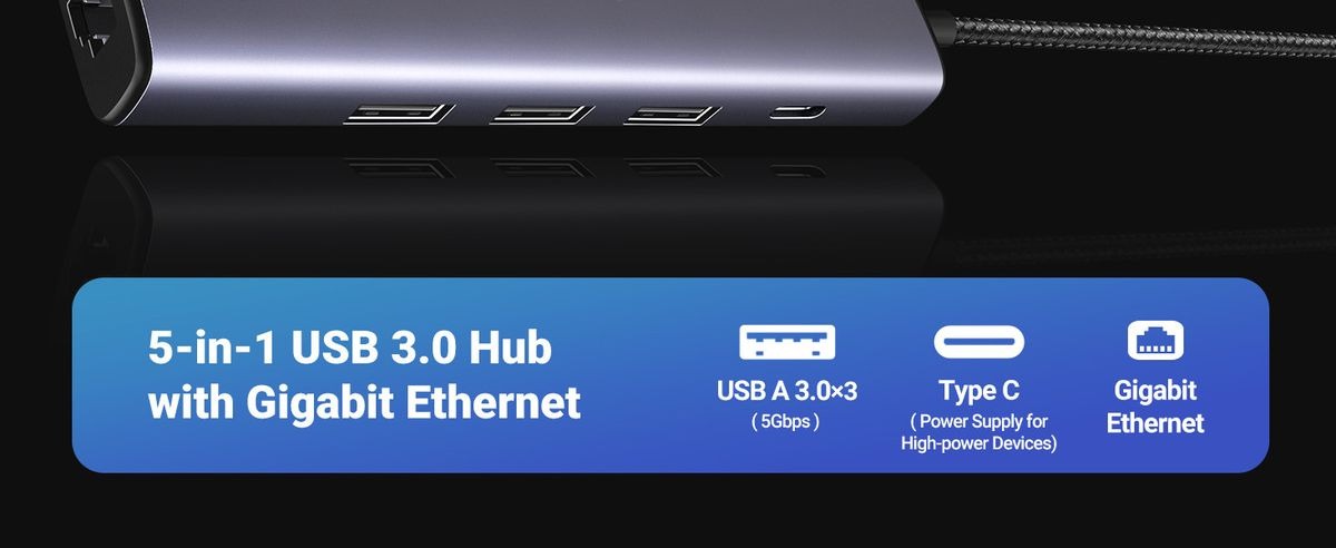 UGREEN 8211 以太網適配器5合1 USB 集線器帶以太網即插即用多端口網路適配器3個 USB 30 端口千兆 RJ45USB-C 電源端口  CM475 60554
