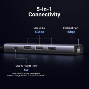 UGREEN 8211 以太網適配器5合1 USB 集線器帶以太網即插即用多端口網路適配器3個 USB 30 端口千兆 RJ45USB-C 電源端口 CM475 60554
