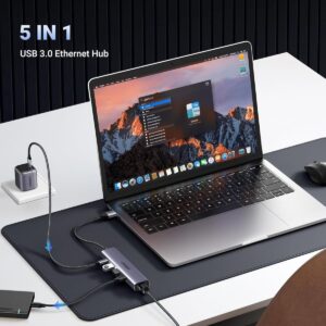UGREEN 8211 以太網適配器5合1 USB 集線器帶以太網即插即用多端口網路適配器3個 USB 30 端口千兆 RJ45USB-C 電源端口 CM475 60554