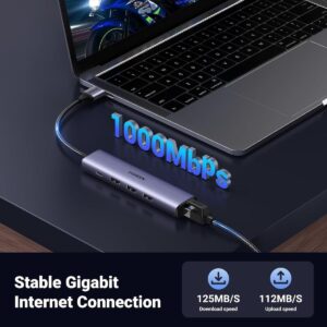 UGREEN 8211 以太網適配器5合1 USB 集線器帶以太網即插即用多端口網路適配器3個 USB 30 端口千兆 RJ45USB-C 電源端口 CM475 60554