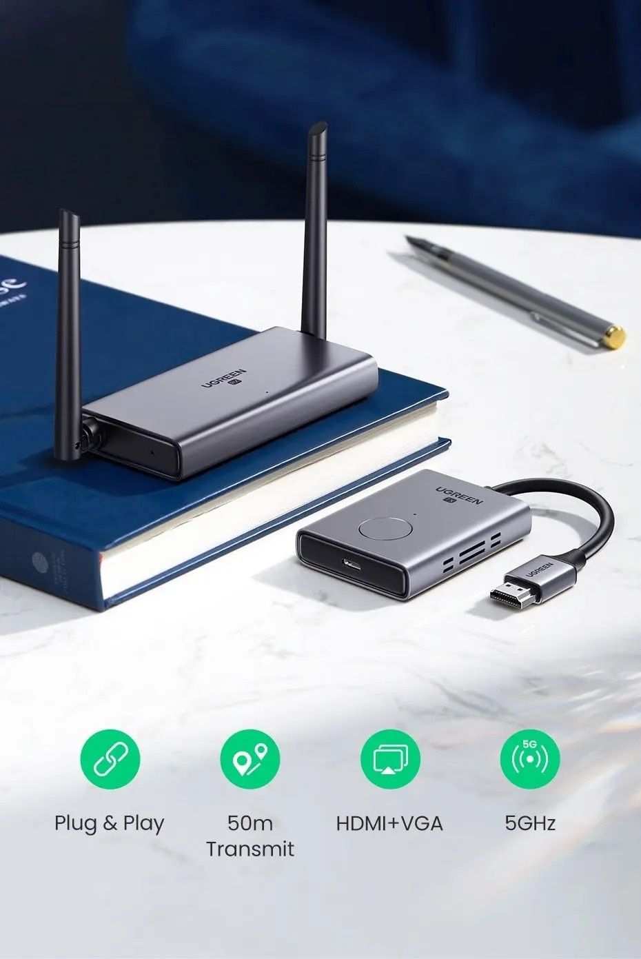 Ugreen 8211 50M 無線 HDMI VGA 延伸器發射器接收器 1080P 60Hz 5GHz 長距離顯示適配器套件  CM506 50633A