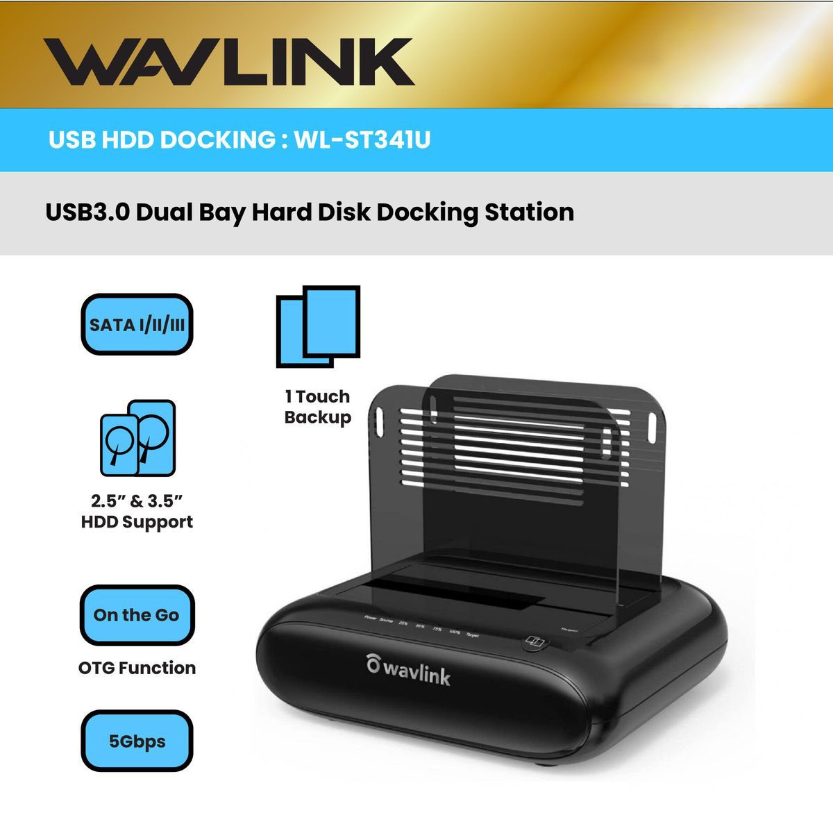 WAVLINK - WL-ST341U 雙槽外置硬碟 擴充器 USB-C/A 3.0 Dual Bay HDD Docking Station (原裝行貨 一年保養)