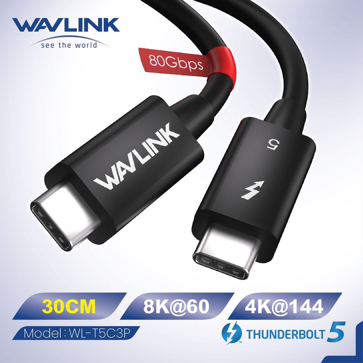 WAVLINK - Thunderbolt 5 連接線 240W PD 30cm 支援 8K 影像 80 Gbps 資料傳輸 T5C3P 原裝行貨 三年保養