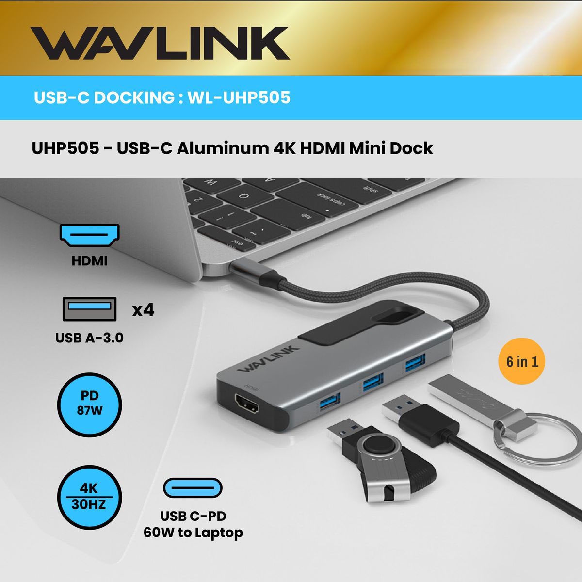 WAVLINK - 4K HDMI USB-C 擴充器 USB-C PD充電, 4x USB3.0 hub Macbook UHP505 原裝行貨 一年保養