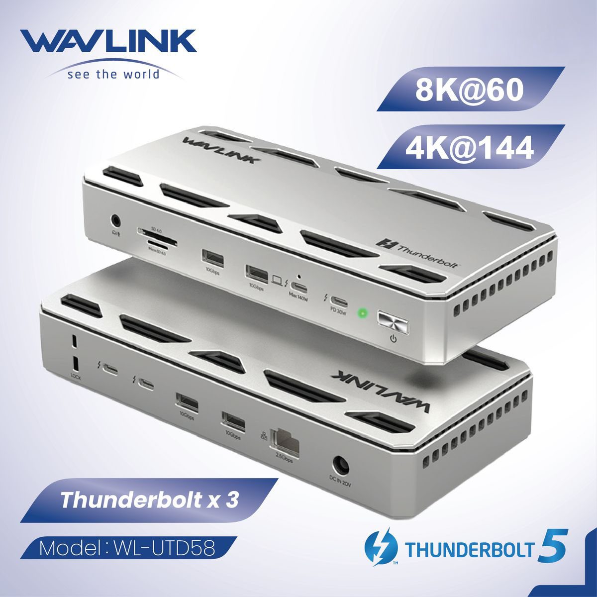 WAVLINK - 12 合 1 Thunderbolt 5 鋁製擴展器 Triple 4K@144Hz / Dual 8K@60Hz 140W PD SD4.0 讀卡器 2.5Gbps 網路接口 UTD58