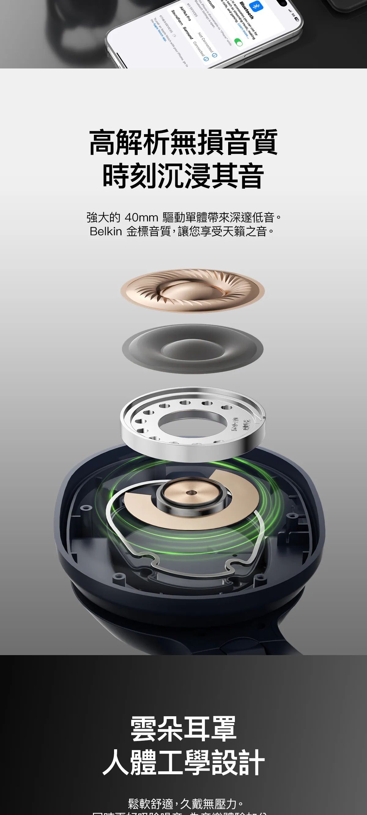 Belkin 8211 SoundForm Surround 無線耳罩式耳機 沙色  Clear Call Quality 技術  BT54  60 小時播放  35mmUSB-C  AUD009FQSA