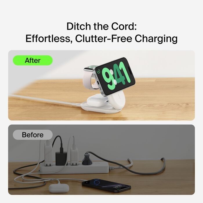 Belkin 8211 UltraCharge 3合1可摺疊磁性充電器 Qi2 25W 圓形 白色 WIZ037MYWH