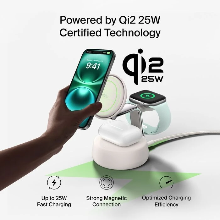 Belkin UltraCharge Pro 3合1磁性充電座 Qi2 25W 沙色 ChillBoost 主動冷卻技術 WIZ040MYSD