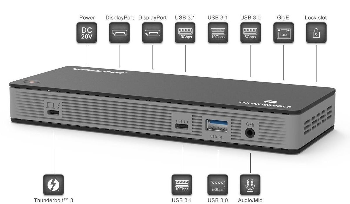 WAVLINK Thunderbolt 3 多功能擴展器 Dual 4K60Hz Display Port 60W PD USB UTD21 Fully Support MAC M5 CPU