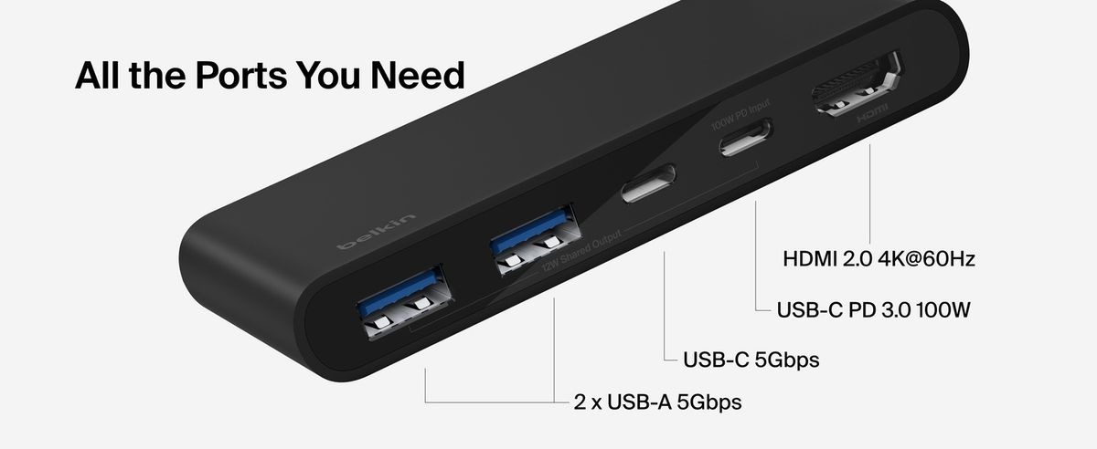 Belkin 8211 Connect 5 埠 USB-C Hub 擴充埠 雙 USB-C  2 USB-A  HDMI 4K60Hz 100W PD 供電 20cm 連接線 香港行貨  AVC022fqBK