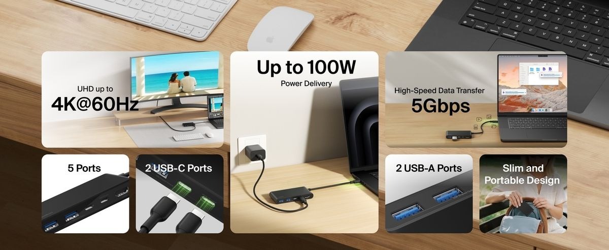 Belkin 8211 Connect 5 埠 USB-C Hub 擴充埠 雙 USB-C  2 USB-A  HDMI 4K60Hz 100W PD 供電 20cm 連接線 香港行貨  AVC022fqBK