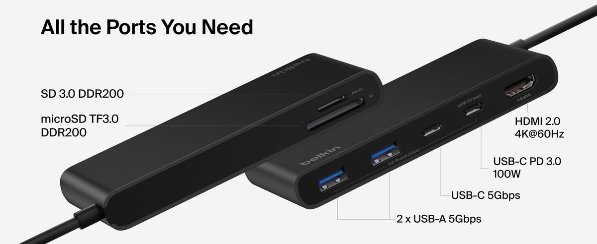 Belkin 8211 Connect 7 埠 USB-C Hub 擴充埠 雙 USB-C  2 USB-A  HDMI 4K  SDmicroSD 讀卡器 100W PD 供電 香港行貨  AVC023fqBK
