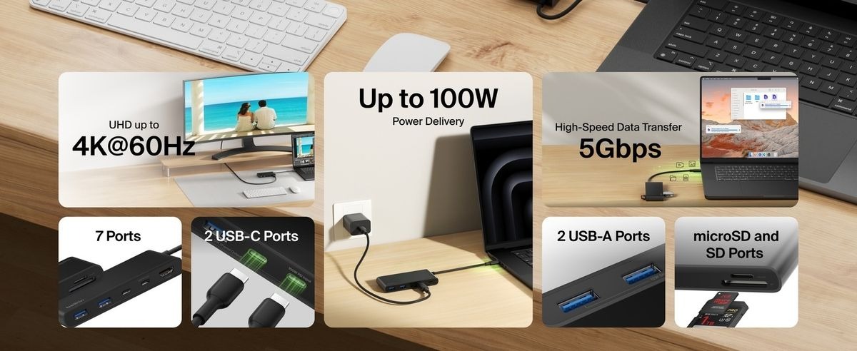 Belkin 8211 Connect 7 埠 USB-C Hub 擴充埠 雙 USB-C  2 USB-A  HDMI 4K  SDmicroSD 讀卡器 100W PD 供電 香港行貨  AVC023fqBK